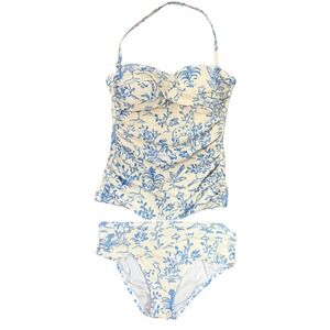 Lilly Pulitzer Floral Tankini Swimsuit Set Women's Size 0/2 Blue White Ribbed